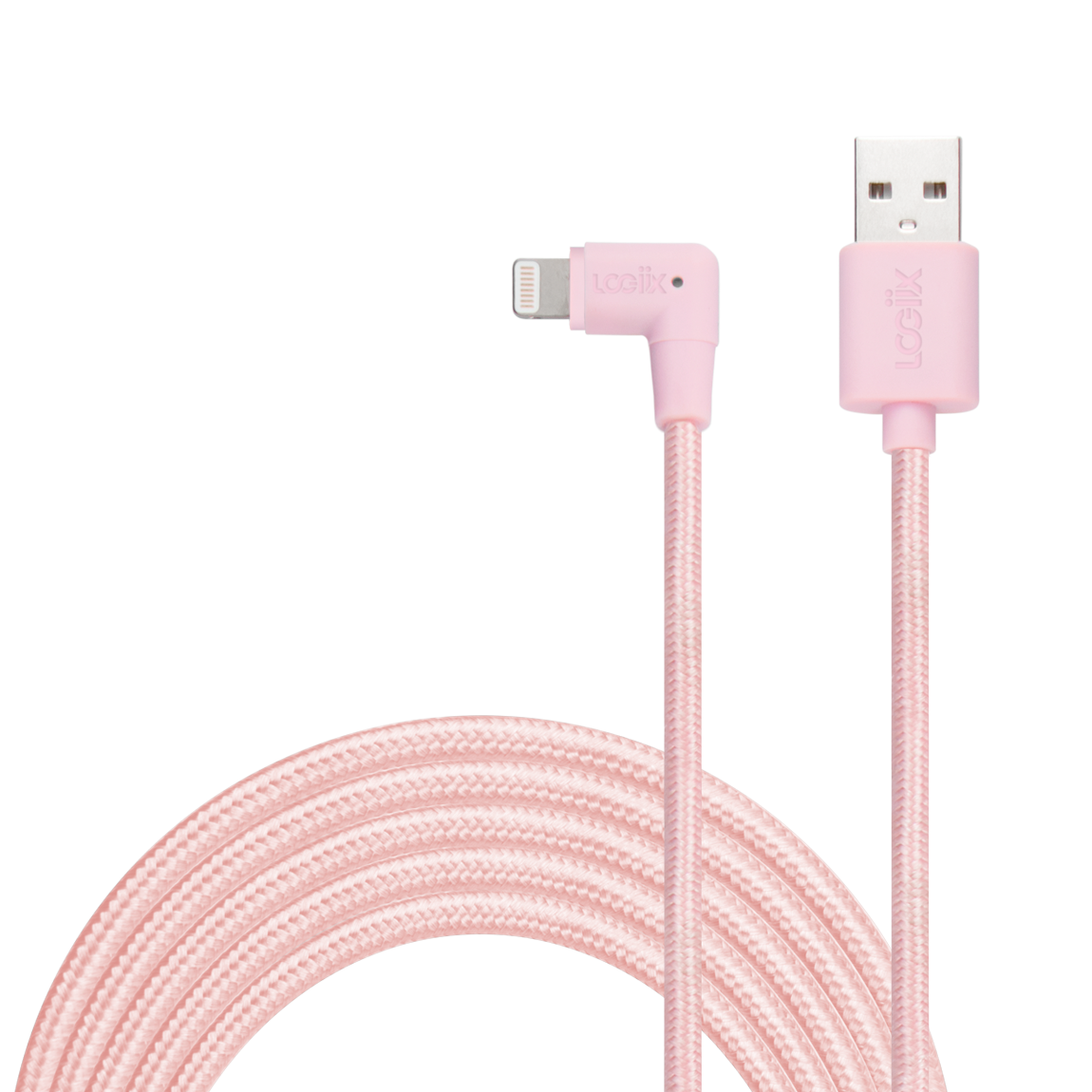 Pink iPhone charging cable, looped with a lightning connector with a USB-A cable to charge your iPhone. Braided white 3 metre iPhone cable.