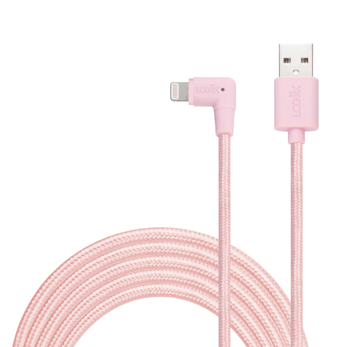 Pink iPhone charging cable, looped with a lightning connector with a USB-A cable to charge your iPhone. Braided white 3 metre iPhone cable.