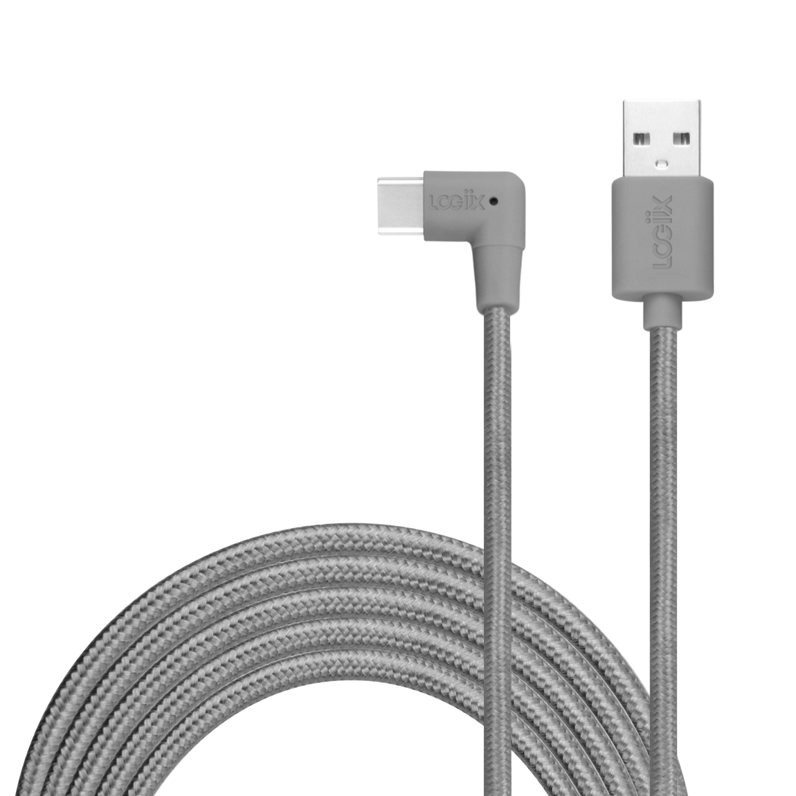 Grey ultra-durable charging cable for Android devices, looped with a lightning connector with a USB-A cable to charge your iPhone. Braided white 3 metre cable for charging samsung, huawei, one plus and other android devices.