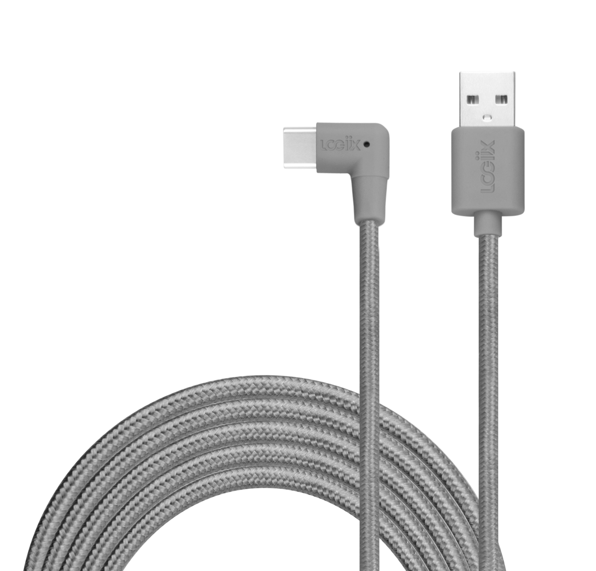 Grey ultra-durable charging cable for Android devices, looped with a lightning connector with a USB-A cable to charge your iPhone. Braided white 3 metre cable for charging samsung, huawei, one plus and other android devices.