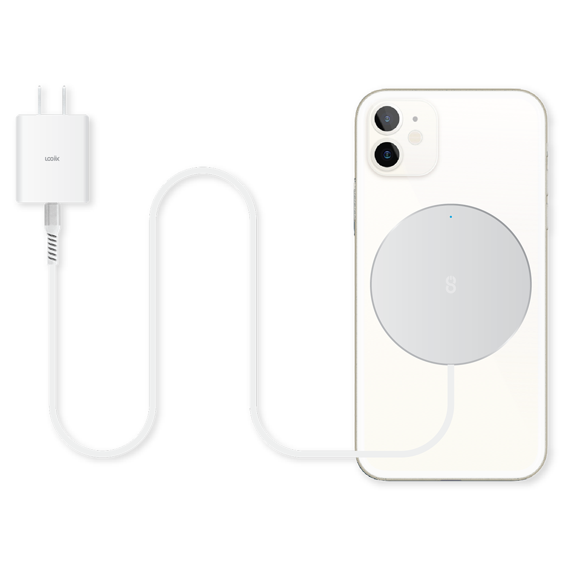 Silver MagSafe compatible fast-charging magnetic charger with built-in 1.5m USB-C cable charging a white iPhone 12 