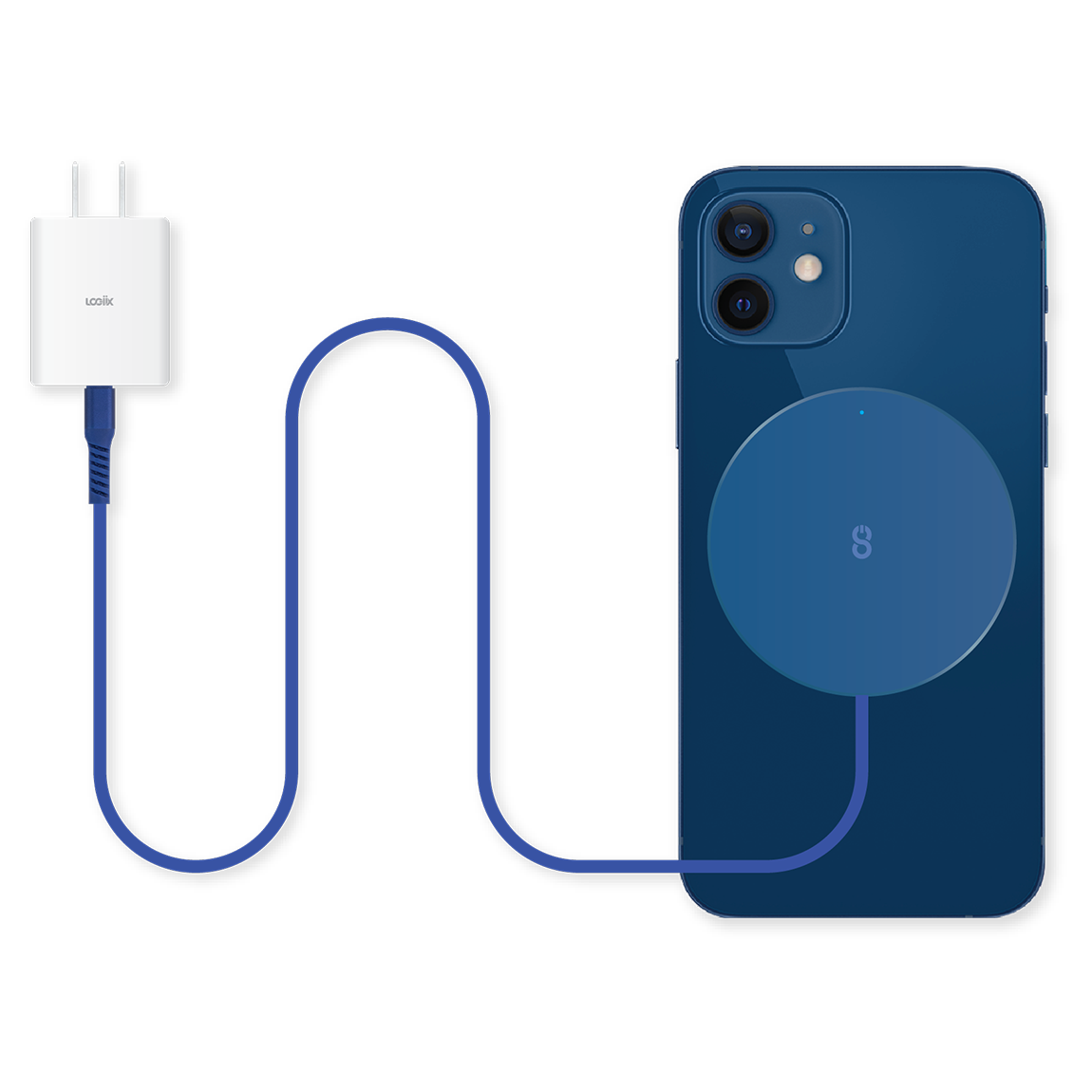 Blue MagSafe compatible fast-charging magnetic charger with built-in 1.5m USB-C cable charging a blue iPhone 12 