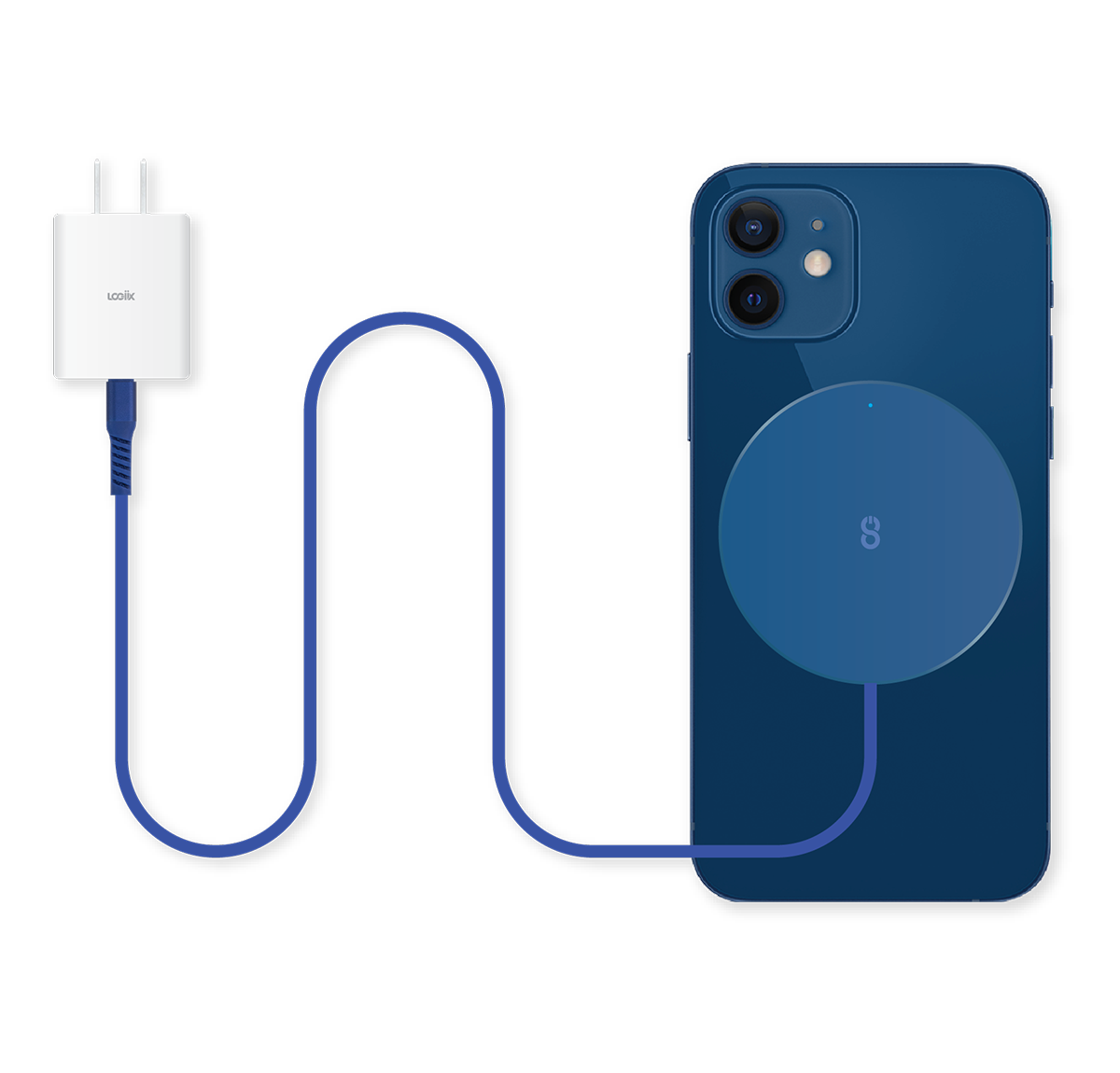 Blue MagSafe compatible fast-charging magnetic charger with built-in 1.5m USB-C cable charging a blue iPhone 12