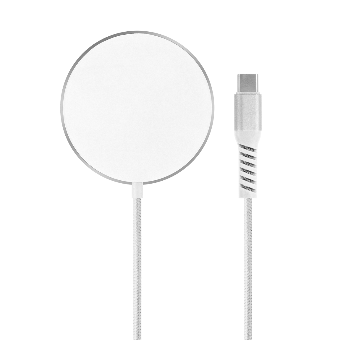 Silver and white MagSafe Compatible fast-charging Magnetic charger with built in 1.5m USB-C Cable