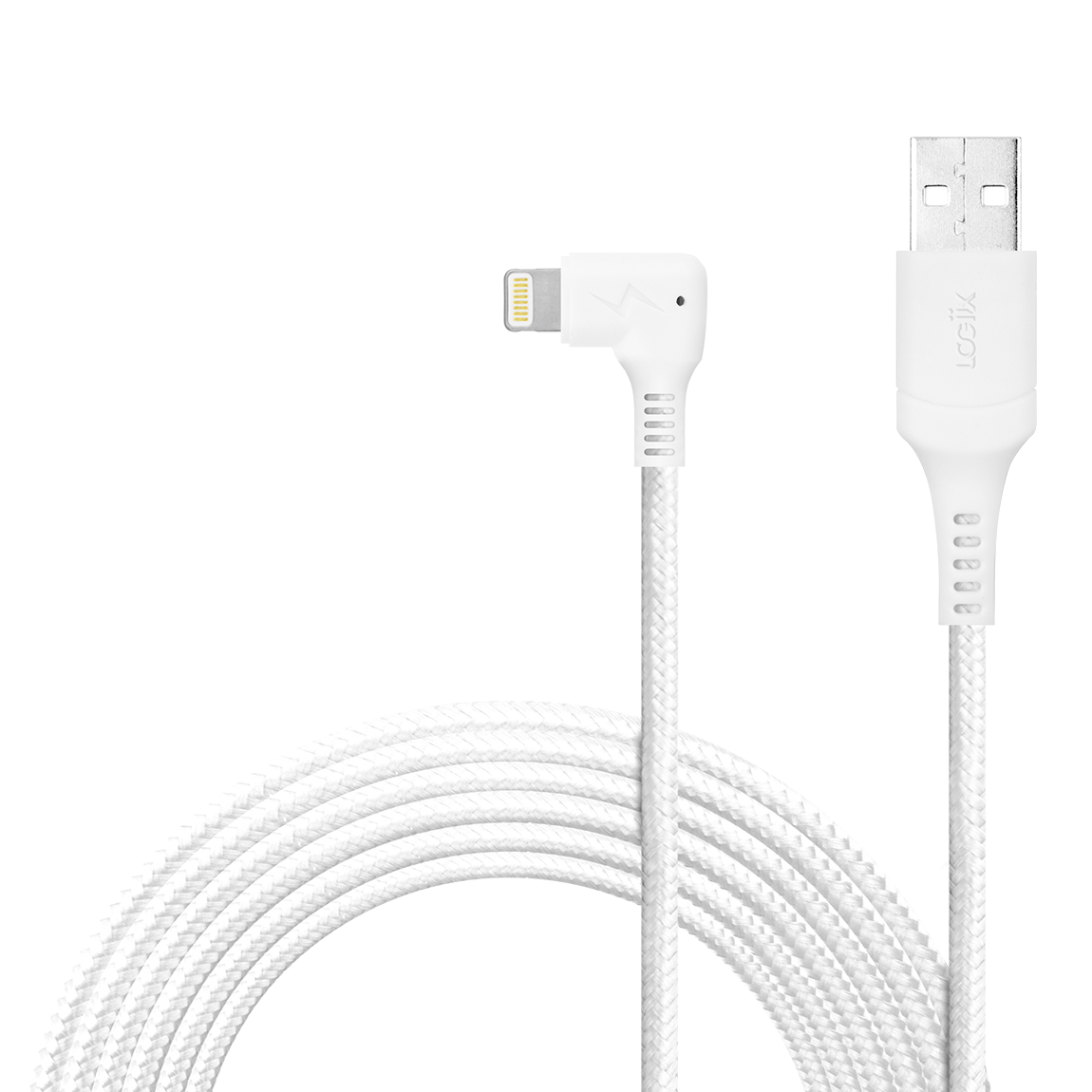 White ultra-durable iPhone charging cable, looped with a lightning connector with a USB-A cable to charge your iPhone. Braided white 3 metre iPhone cable.