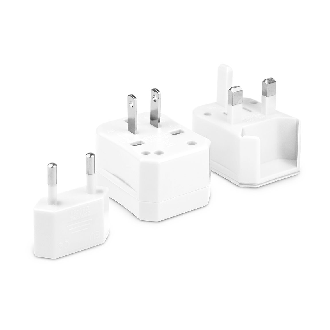 Three pieces of the universal travel adapter. This travel plug adapter is White. The World Traveler Travel Adapter is the perfect compact travel adapter to charge your tech on-the-go.