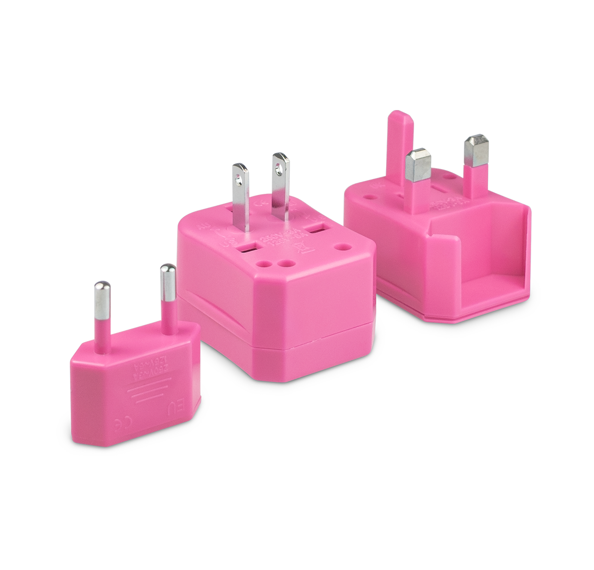 Three pieces of the universal travel adapter. This travel plug adapter is Pink. The World Traveler Travel Adapter is the perfect compact travel adapter to charge your tech on-the-go.