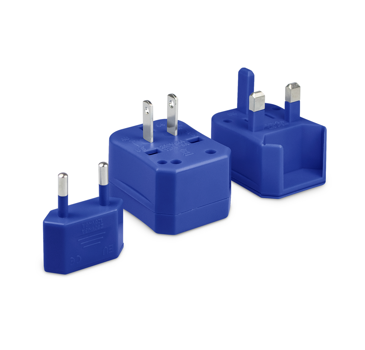 Three pieces of the universal travel adapter. This travel plug adapter is Blue. The World Traveler Travel Adapter is the perfect compact travel adapter to charge your tech on-the-go.