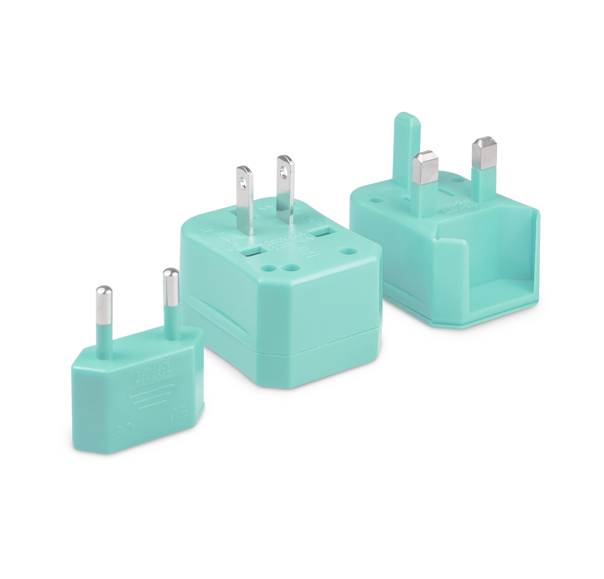Three pieces of the universal travel adapter. This travel plug adapter is Mint. The World Traveler Travel Adapter is the perfect compact travel adapter to charge your tech on-the-go.