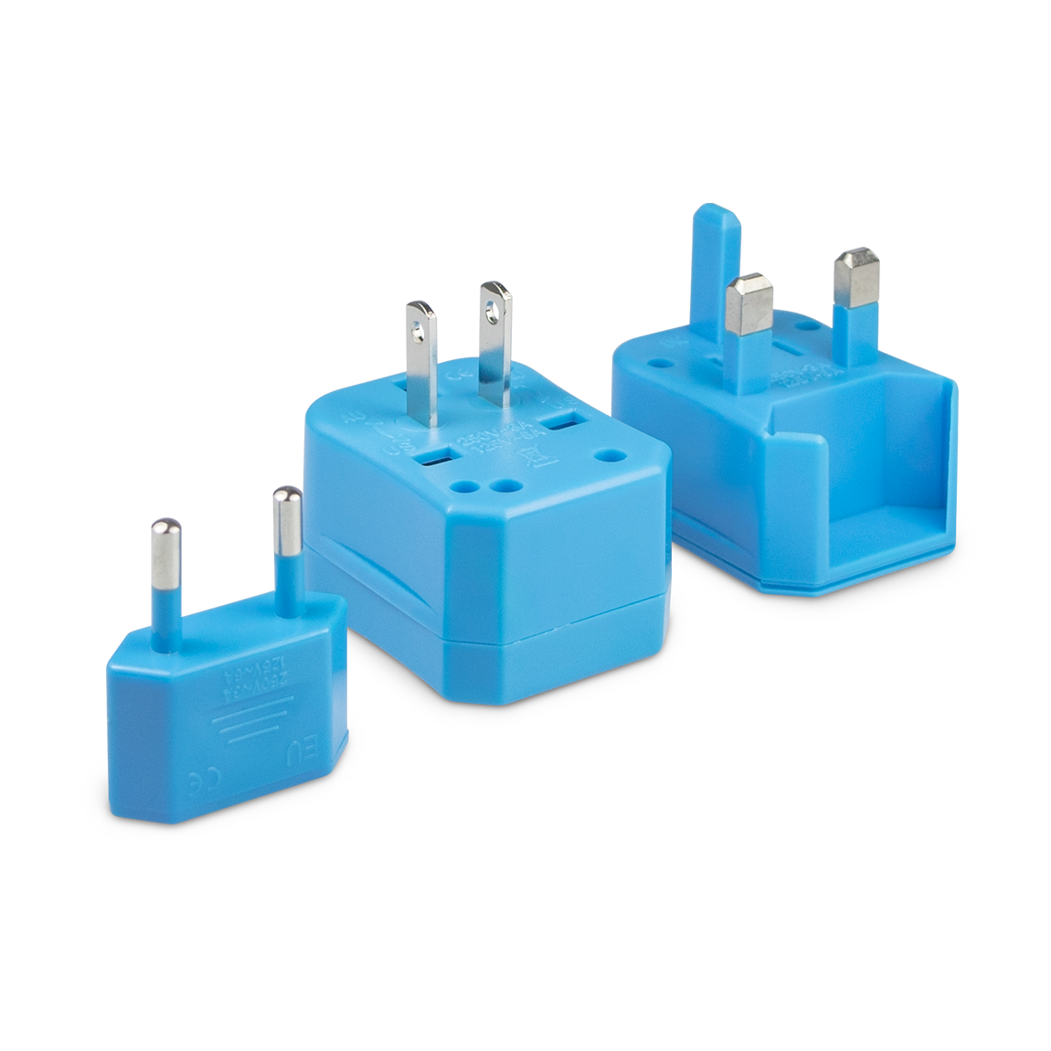 Three pieces of the universal travel adapter. This travel plug adapter is Blue. The World Traveler Travel Adapter is the perfect compact travel adapter to charge your tech on-the-go.