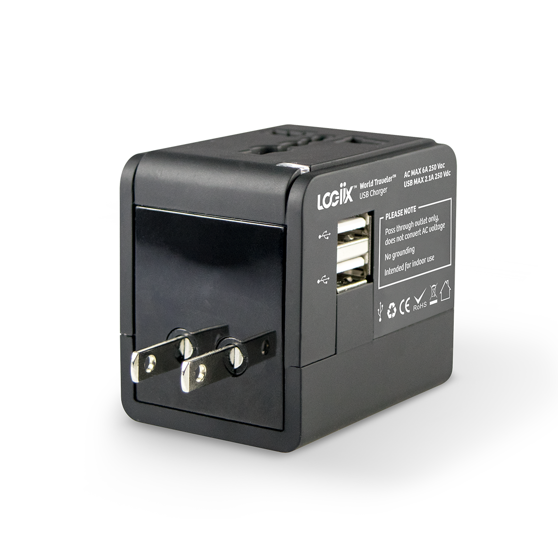 This is a black universal travel adapter. It works in the UK, Europe & USA/Australia. This travel adapter comes with a universal plug adapter for use in over 150 countries. Comes with a built in USB charger.