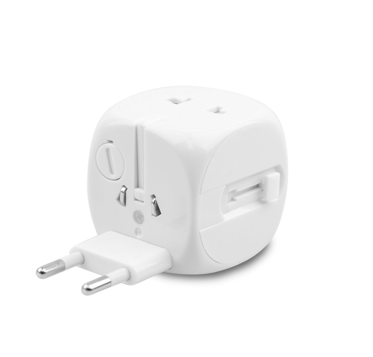 This is a compact white universal travel adapter. This travel power adapter can charge 2 devices simultaneously. This travel adapter also features retractable charging prongs