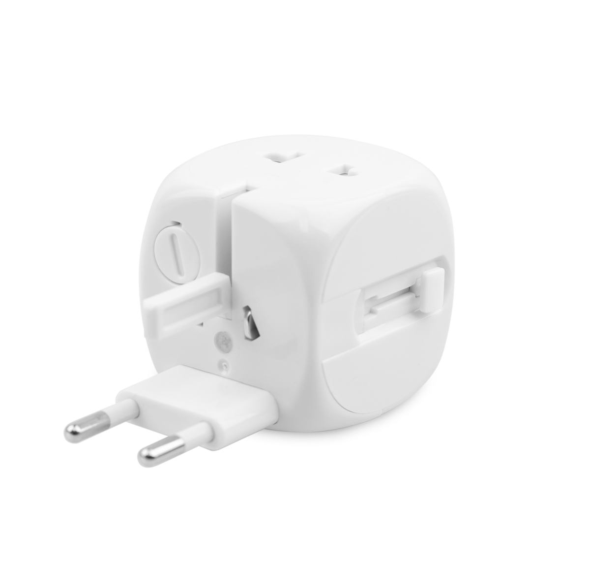 This is a compact white universal travel adapter. This travel power adapter can charge 2 devices simultaneously. This travel adapter also features retractable charging prongs