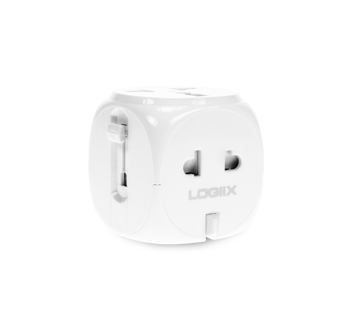 This is a compact white universal travel adapter. This travel power adapter can charge 2 devices simultaneously.