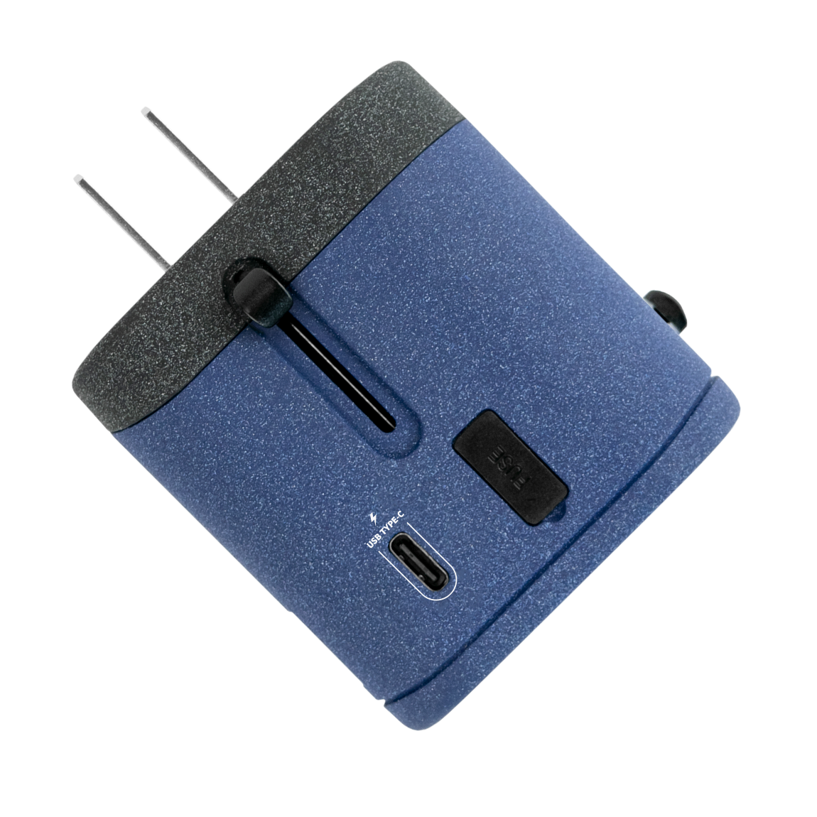A textured blue and black universal travel adapter. Features 3 build in USB chargers and works in over 150 countries. This world travel adapter kit allows you to charge 5 devices simultaneously. This compact and lightweight universal travel adapter is perfect for your next trip.