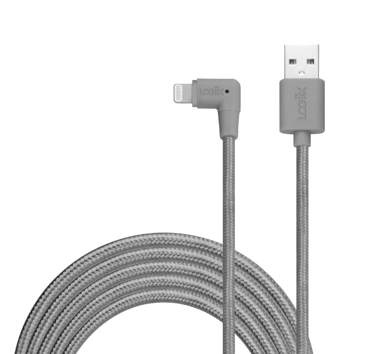 Graphite Grey iPhone charging cable, looped with a lightning connector with a USB-A cable to charge your iPhone.  Braided grey 3 metre iPhone cable.