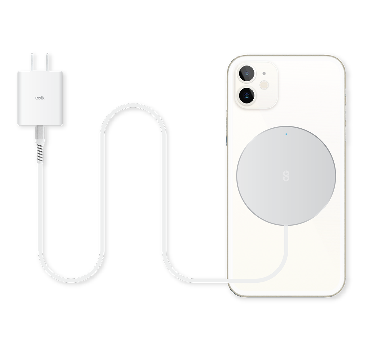 Silver MagSafe compatible fast-charging magnetic charger with built-in 1.5m USB-C cable charging a white iPhone 12 