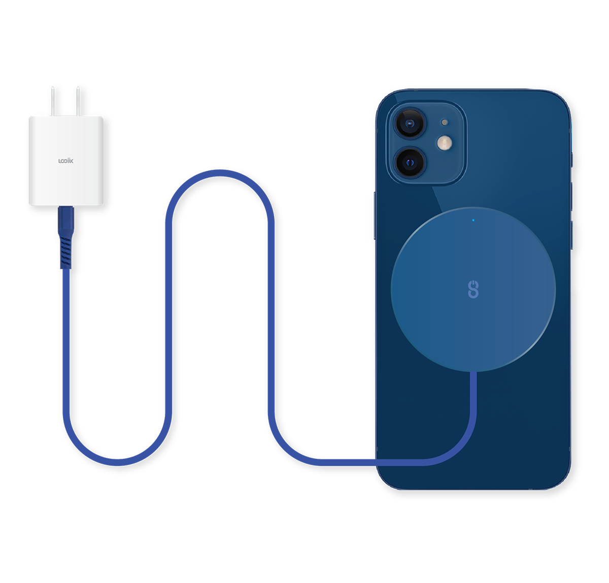 Blue MagSafe compatible fast-charging magnetic charger with built-in 1.5m USB-C cable charging a blue iPhone 12 
