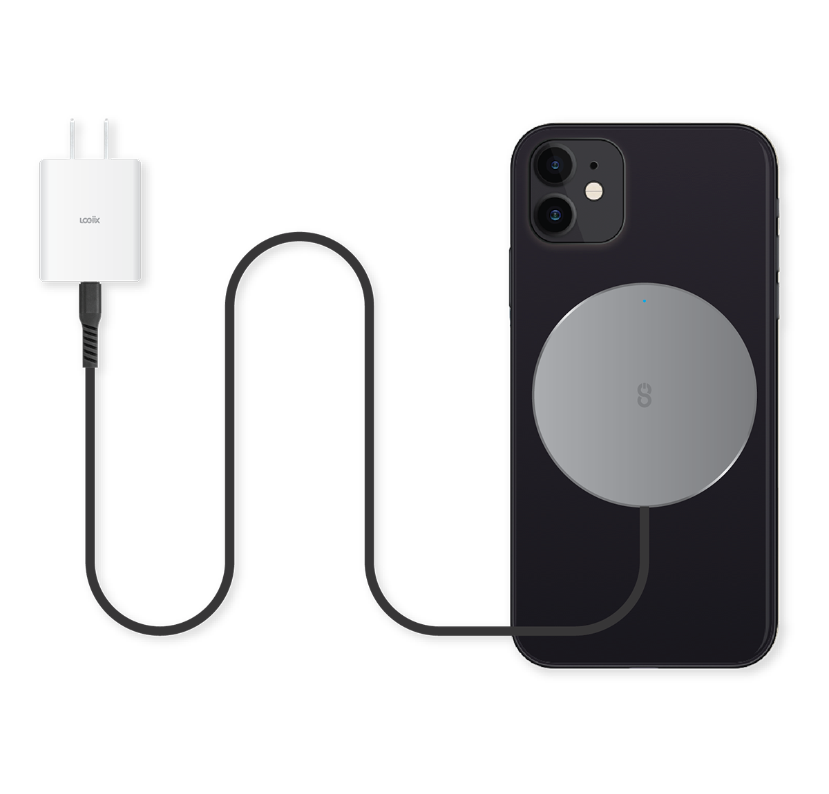 Graphite grey MagSafe compatible fast-charging magnetic charger with built-in 1.5m USB-C cable charging a black iPhone 12 