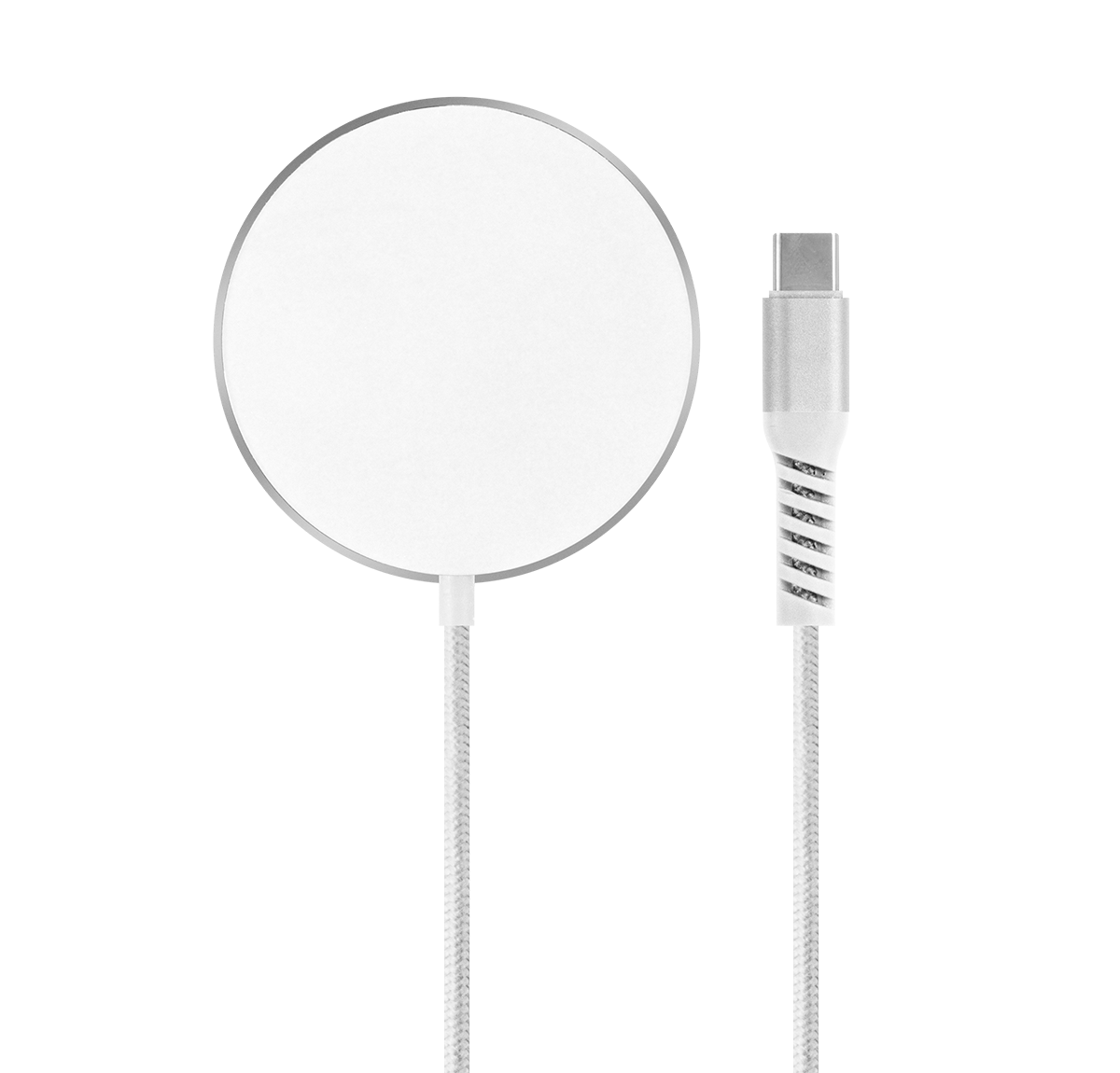 Silver and white MagSafe Compatible fast-charging Magnetic charger with built in 1.5m USB-C Cable