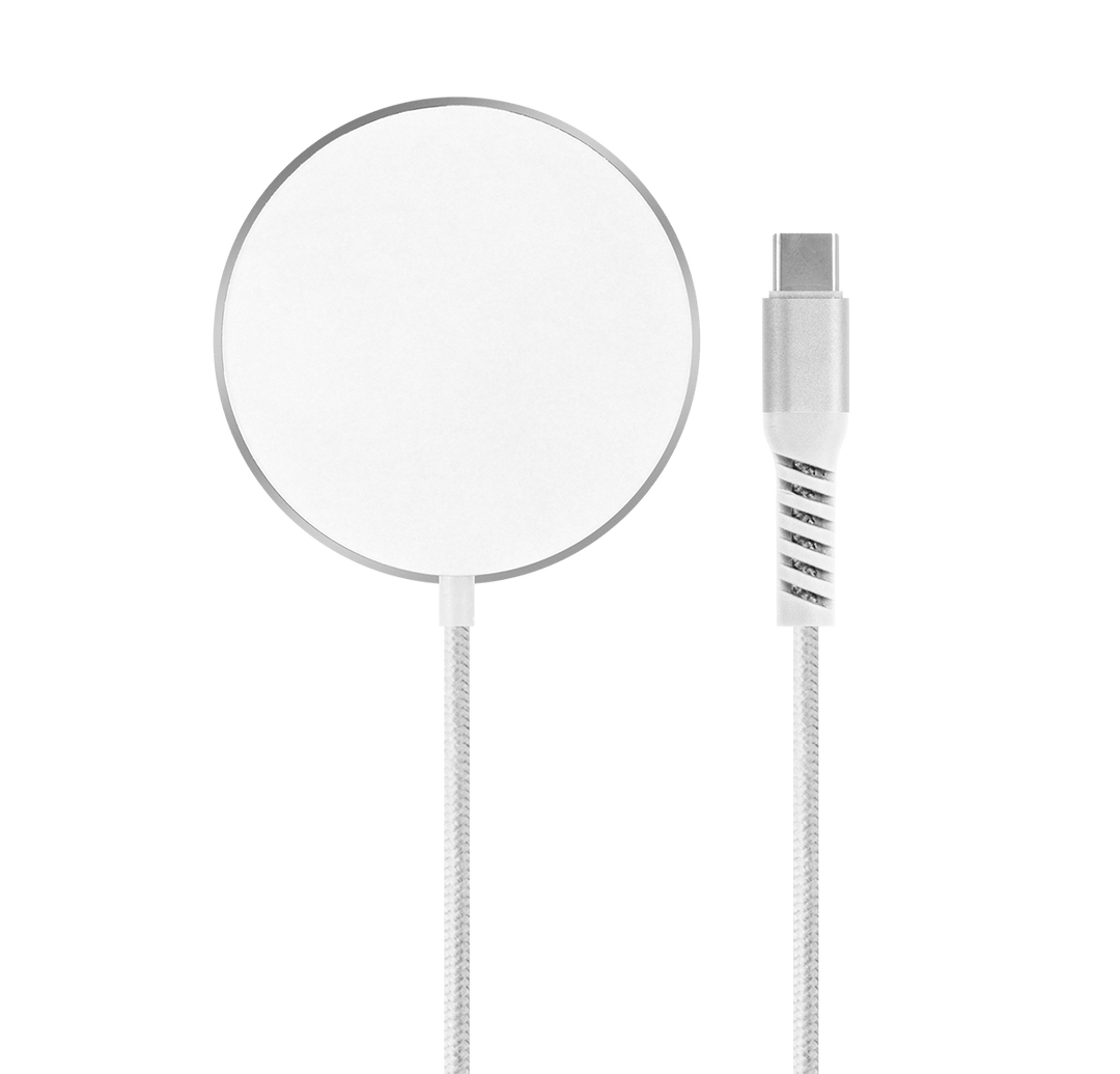 Silver and white MagSafe Compatible fast-charging Magnetic charger with built in 1.5m USB-C Cable
