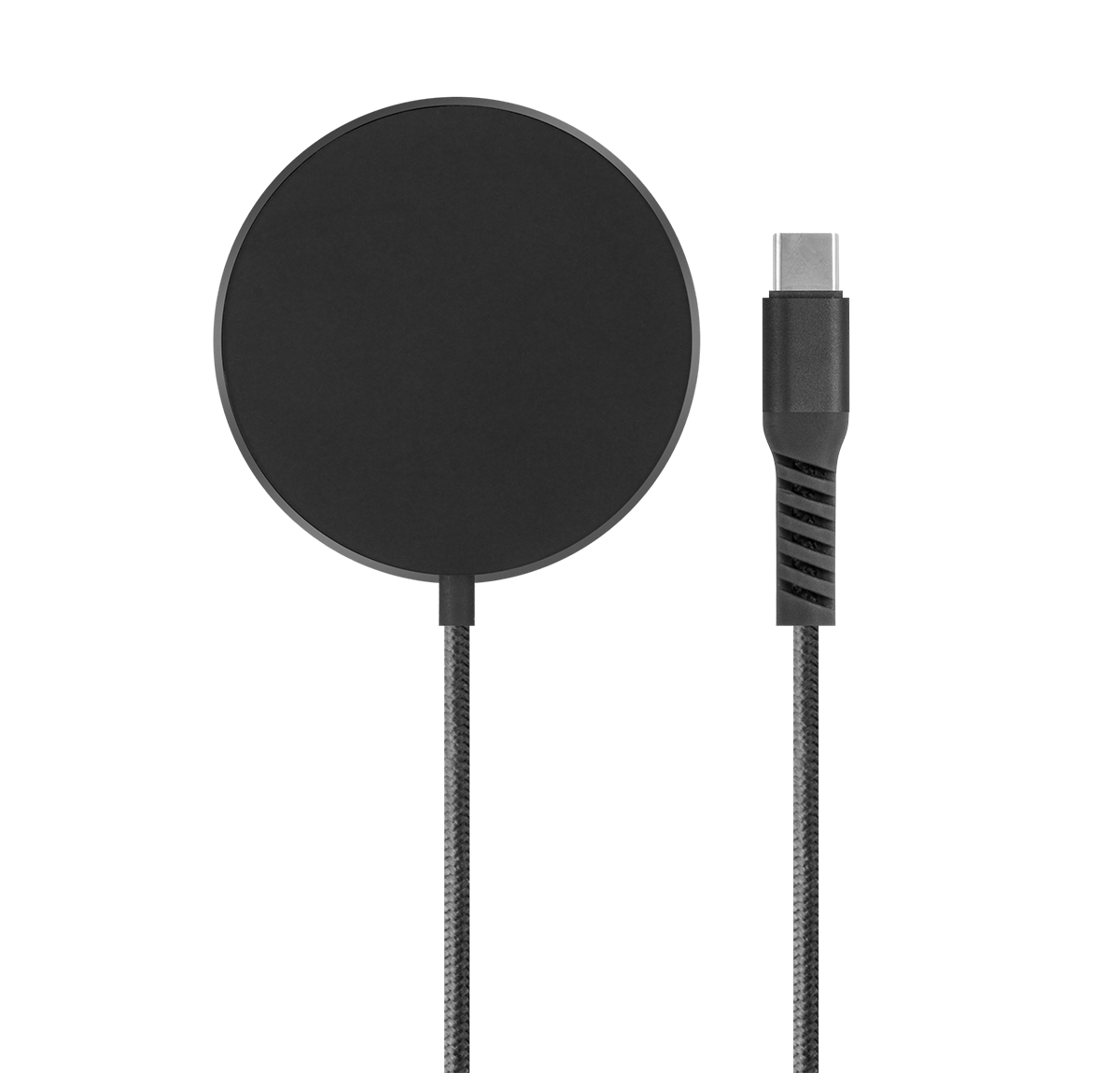 Graphite Grey and black MagSafe compatible fast-charging magnetic charger with built-in 1.5m USB-C Cable