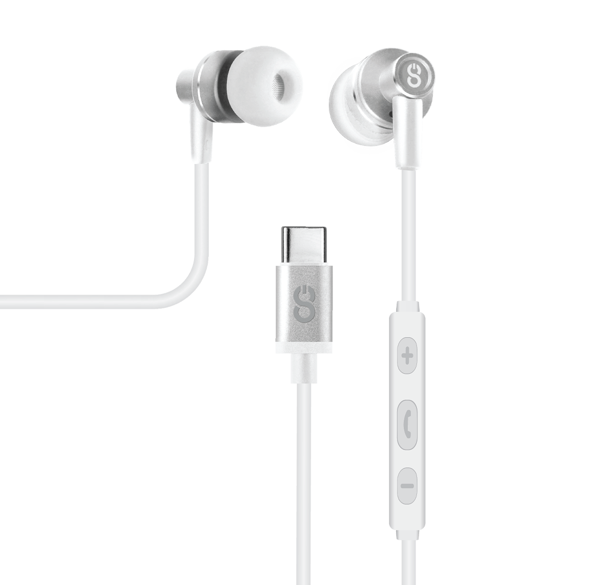 These are white and silver in-ear wired earbuds. USB-C earphones for Type C devices, headphones with mic and a connector for USB-C earbuds