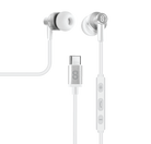 These are white and silver in-ear wired earbuds. USB-C earphones for Type C devices, headphones with mic and a connector for USB-C earbuds
