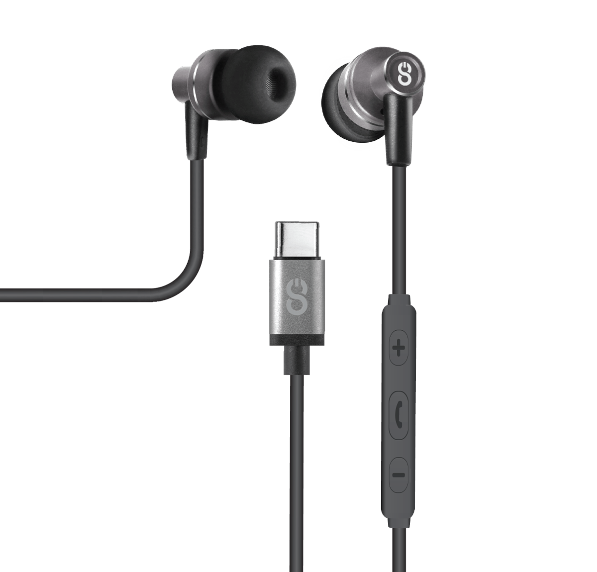 These are graphite grey in-ear wired earbuds. USB-C earphones for Type C devices, headphones with mic and a connector for USB-C earbuds