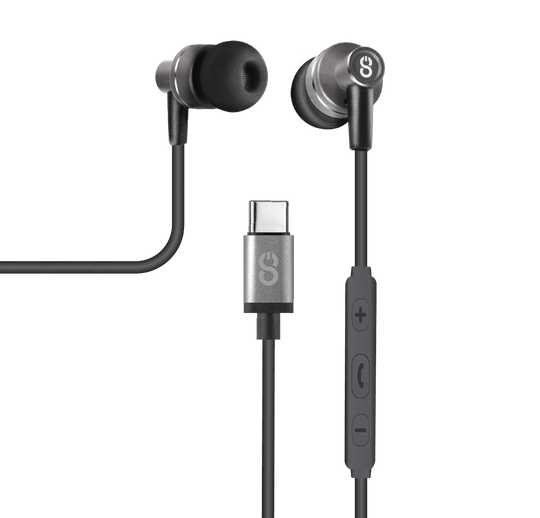 These are graphite grey in-ear wired earbuds. USB-C earphones for Type C devices, headphones with mic and a connector for USB-C earbuds