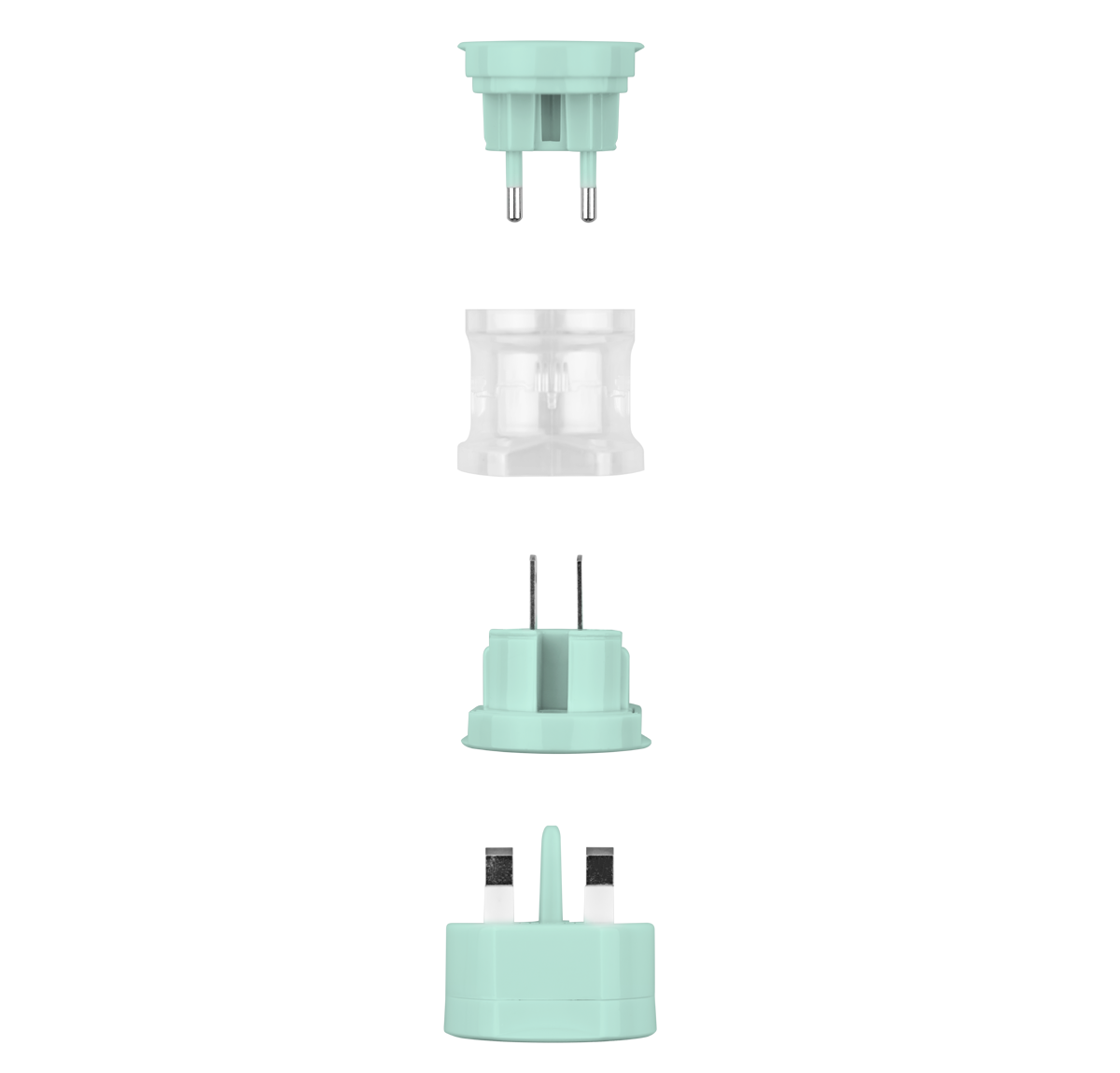 This is a Mint green travel adapter. This universal travel adapter features 3 individual power adapters for the US/Australia, Europe and Asia. This universal adapter clip together for easy transportation when traveling.
