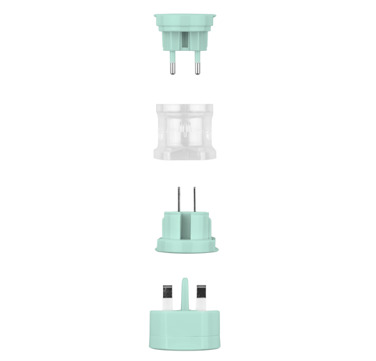 This is a Mint green travel adapter. This universal travel adapter features 3 individual power adapters for the US/Australia, Europe and Asia. This universal adapter clip together for easy transportation when traveling.