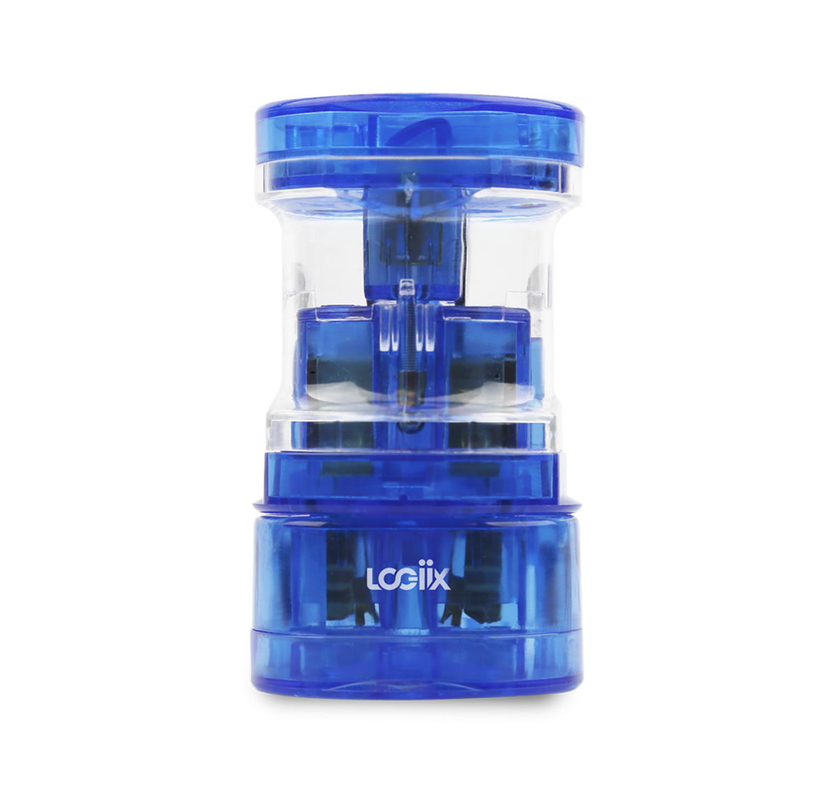 This is blue translucent travel adapter. This universal travel adapter features 3 individual power adapters for the US/Australia, Europe and Asia. This universal adapter clip together for easy transportation when traveling.