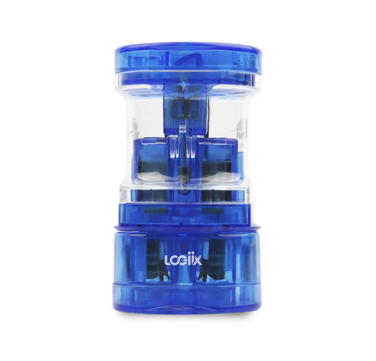 This is blue translucent travel adapter. This universal travel adapter features 3 individual power adapters for the US/Australia, Europe and Asia. This universal adapter clip together for easy transportation when traveling.