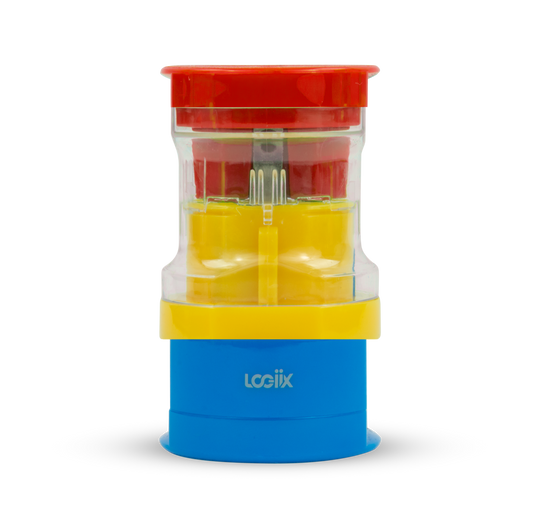 This is a multi-coloured travel adapter is red, yellow and blue. This universal travel adapter features 3 individual power adapters for the US/Australia, Europe and Asia. This universal adapter clip together for easy transportation when traveling.