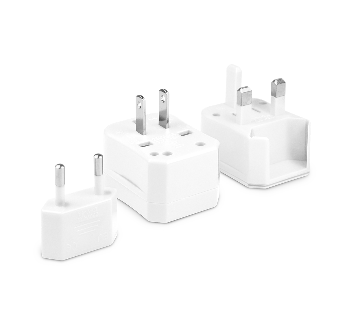 Three pieces of the universal travel adapter. This travel plug adapter is White. The World Traveler Travel Adapter is the perfect compact travel adapter to charge your tech on-the-go.