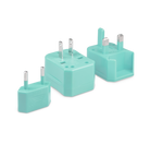 Three pieces of the universal travel adapter. This travel plug adapter is Mint. The World Traveler Travel Adapter is the perfect compact travel adapter to charge your tech on-the-go.