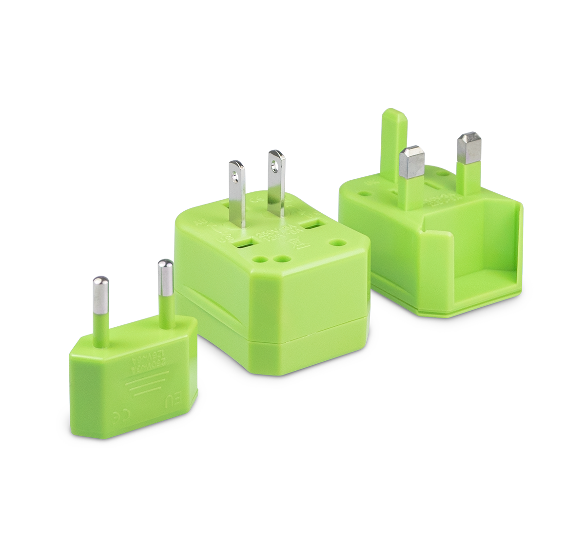 Three pieces of the universal travel adapter. This travel plug adapter is Green. The World Traveler Travel Adapter is the perfect compact travel adapter to charge your tech on-the-go.