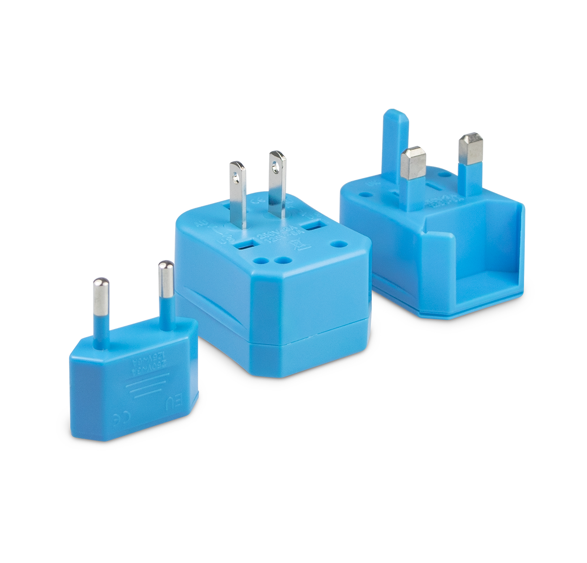 Three pieces of the universal travel adapter. This travel plug adapter is Blue. The World Traveler Travel Adapter is the perfect compact travel adapter to charge your tech on-the-go.