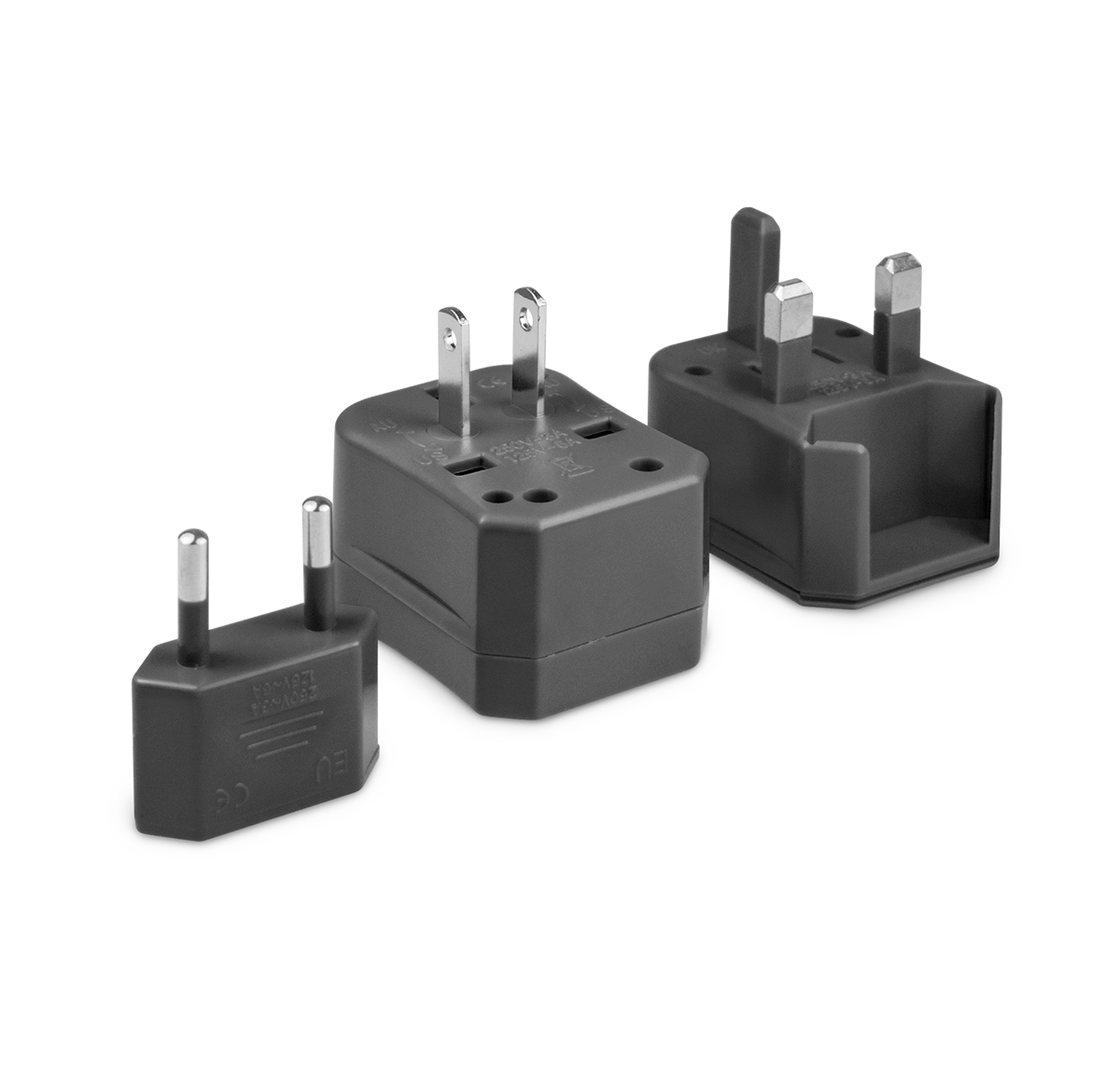Three pieces of the universal travel adapter. This travel plug adapter is Black. The World Traveler Travel Adapter is the perfect compact travel adapter to charge your tech on-the-go.