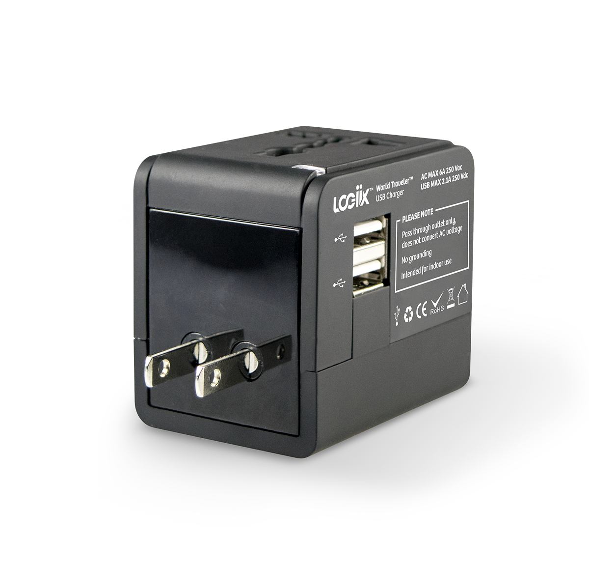 This is a black universal travel adapter. It works in the UK, Europe & USA/Australia. This travel adapter comes with a universal plug adapter for use in over 150 countries. Comes with a built in USB charger.