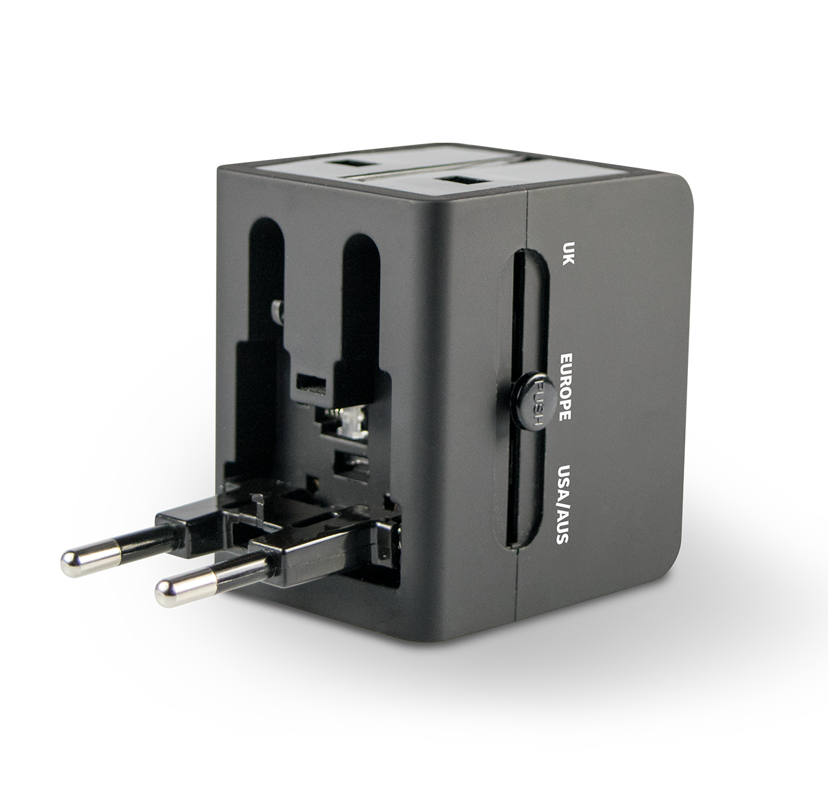 This is a black universal travel adapter. It works in the UK, Europe & USA/Australia. This travel adapter comes with a universal plug adapter for use in over 150 countries.