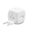 This is a compact white universal travel adapter. This travel power adapter can charge 2 devices simultaneously.  This travel adapter also features retractable charging prongs 