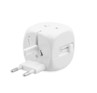 This is a compact white universal travel adapter. This travel power adapter can charge 2 devices simultaneously.  This travel adapter also features retractable charging prongs 