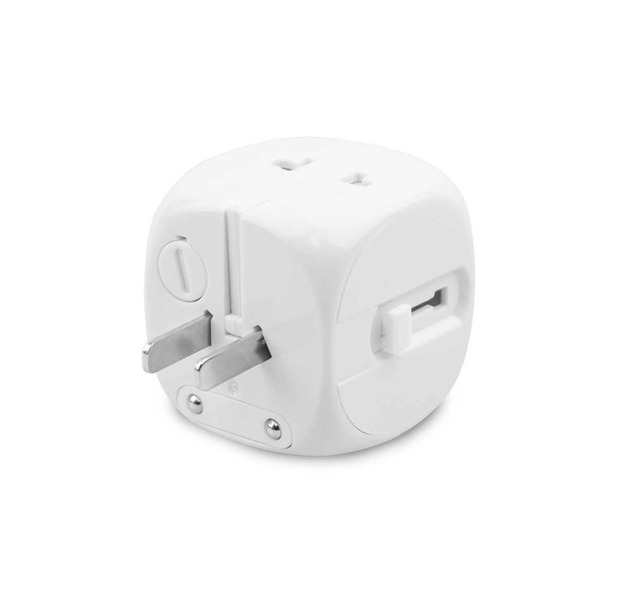 This is a compact white universal travel adapter. This travel power adapter can charge 2 devices simultaneously.  This travel adapter also features retractable charging prongs 