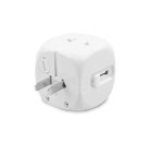 This is a compact white universal travel adapter. This travel power adapter can charge 2 devices simultaneously.  This travel adapter also features retractable charging prongs 