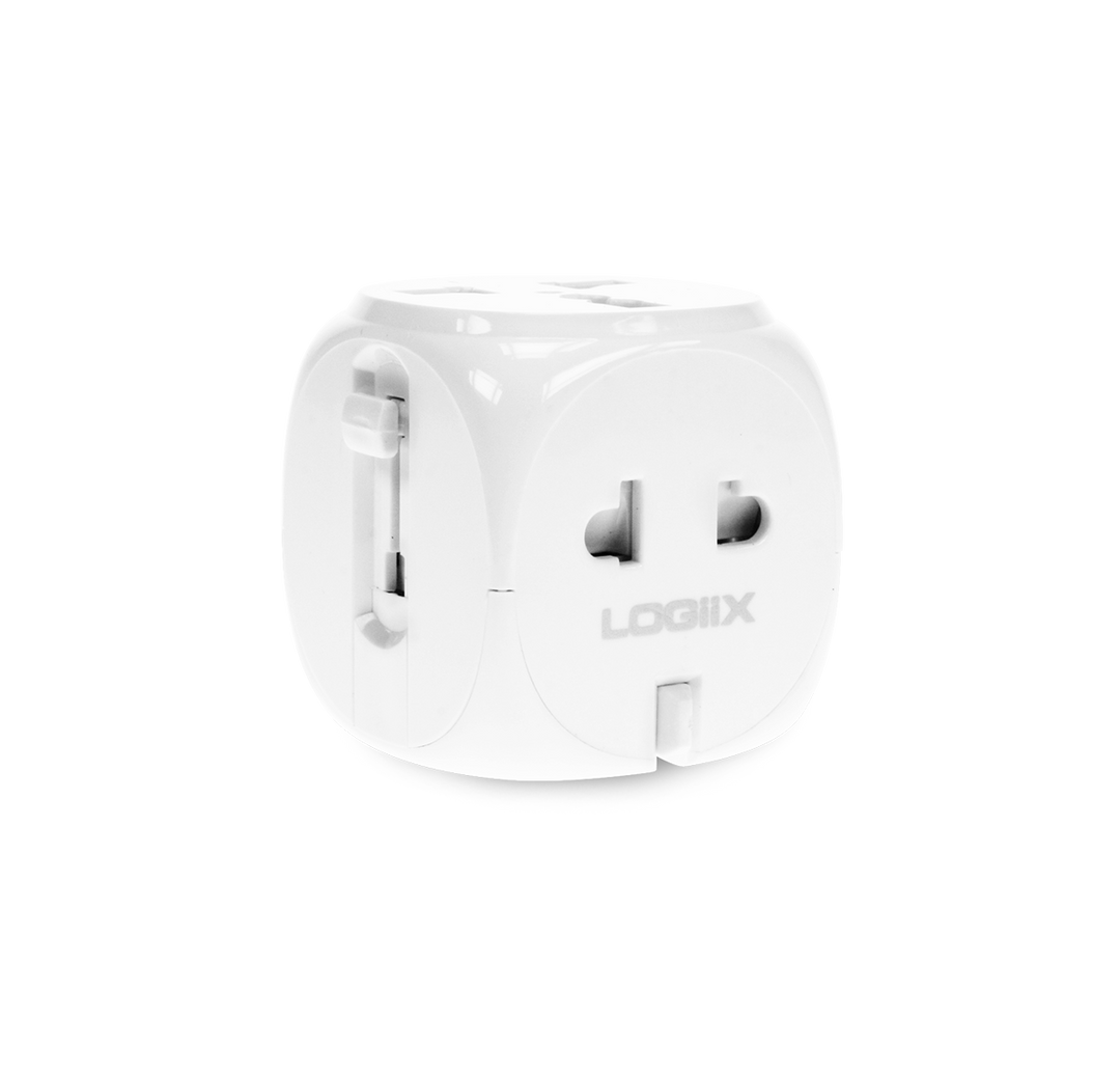 This is a compact white universal travel adapter. This travel power adapter can charge 2 devices simultaneously. 