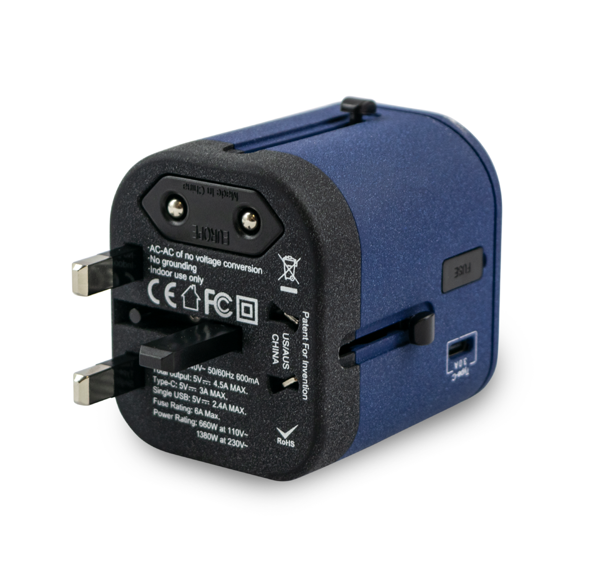 A textured blue and black universal travel adapter. Features 3 build in USB chargers and works in over 150 countries. This world travel adapter kit allows you to charge 5 devices simultaneously. The US, Australia, Europe and Asia plugs fold away when not in use for easy transportation.