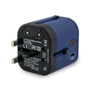 A textured blue and black universal travel adapter. Features 3 build in USB chargers and works in over 150 countries. This world travel adapter kit allows you to charge 5 devices simultaneously. The US, Australia, Europe and Asia plugs fold away when not in use for easy transportation.