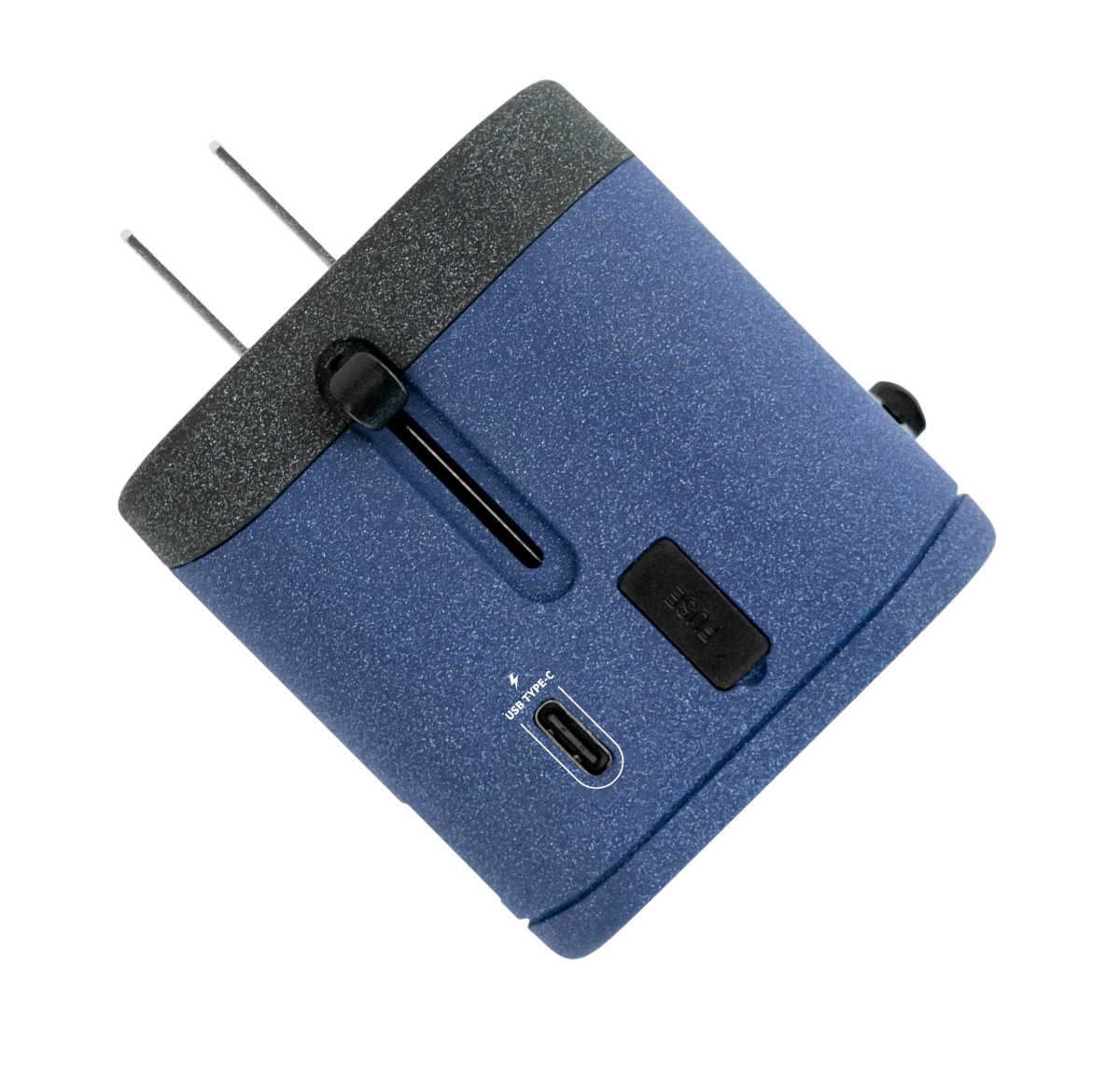 A textured blue and black universal travel adapter. Features 3 build in USB chargers and works in over 150 countries. This world travel adapter kit allows you to charge 5 devices simultaneously. This compact and lightweight universal travel adapter is perfect for your next trip.